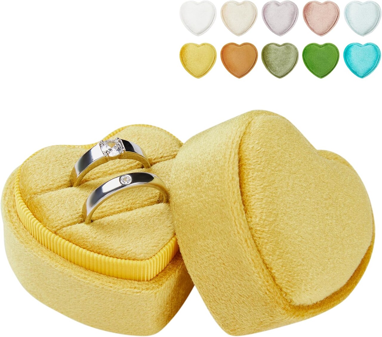 Heart-Shaped Velvet Ring Box – 2-Slot Vintage Engagement & Wedding Jewelry Case, Yellow Mustard Proposal Gift Box for Valentine’s Day & Special Occasions (Yellow Mustard)